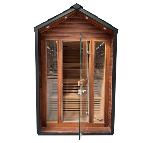 Triangular Top Red Cedar Outdoor Sauna Room Feature Image